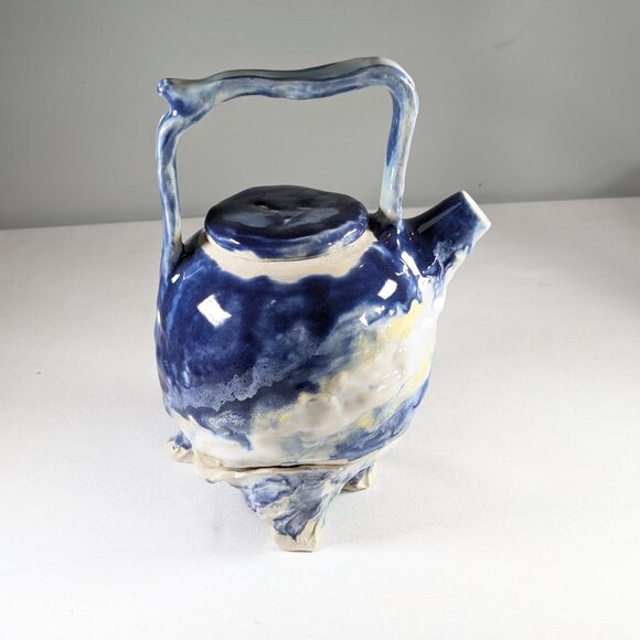 Sassy handmade teapot on stand, hand built ceramic tea pot summer clouds - Picture 4 of 15